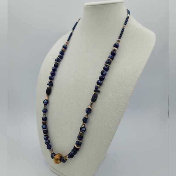 Necklace Blue Glass Beads & Metal Beads Bohemian Handmade Necklace #442 - Picture 3 of 15